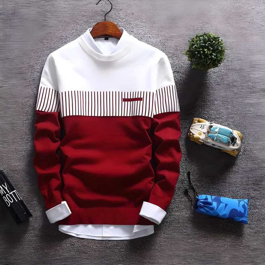 Men's Color Block Full Sleeves T-Shirt: White & Maroon
